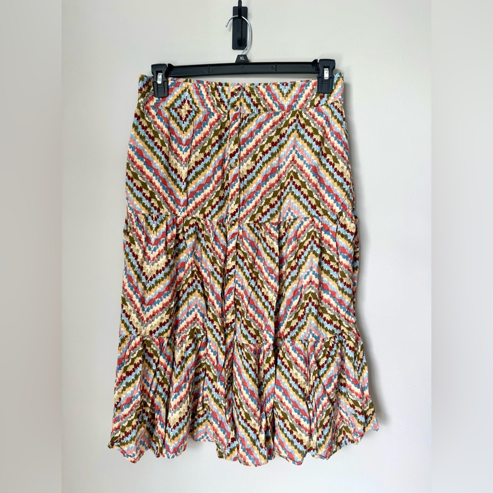 Multicolor Chevron Bohemian Style Tiered Button-Front Women's Midi Skirt